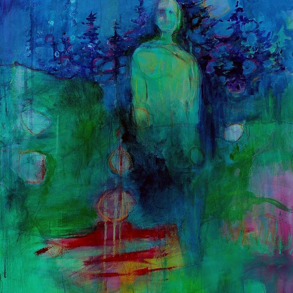 Landscape with Figure Painting Blue Green "Forest Guardian"