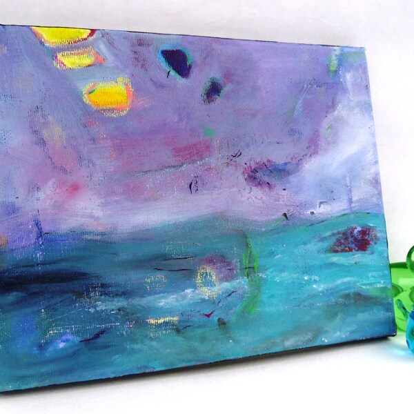 Minimalist Abstract Seascape Landscape Artwork on Small Canvas, Acrylic Painting "Stormy Sea"