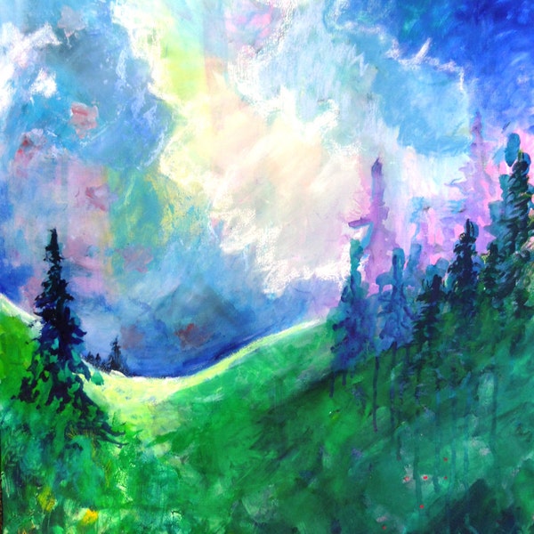 Landscape Painting, Modern Artwork, Colorful, Blue, Green "The Surprise Symphony"