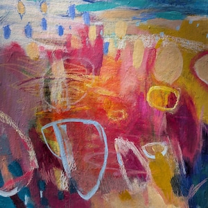 May include: An abstract painting featuring a vibrant color palette of magenta, deep red, golden yellow, and teal. The composition includes layered brushstrokes, textured paint application, and prominent white and light blue circular line drawings.