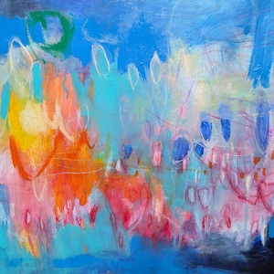 Abstrakt expressionistisk målning, redo att hängas, livfull och färgglad 20x20" Jag är kär i ett minne.