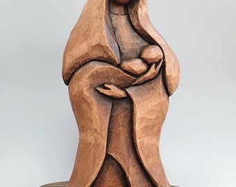 Madonna and Child Wooden Figurine: Hand Carved Religious Art Home Decor