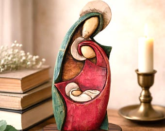 Holy Family Wooden Nativity Sculpture – Hand Carved , Rustic Religious Decor, 29 cm