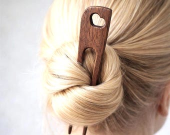 Hair Pin Handcarved Beech Iroko Wood Hair Fork – Heart Cutout Minimalist