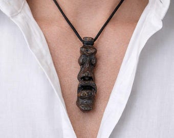 Hand Carved Wenge Wood Tribal Mask Pendant – African Style Artisan Necklace