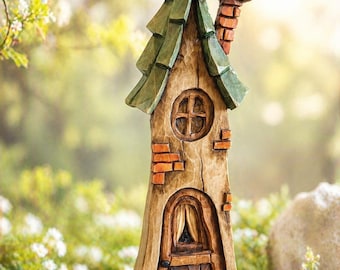 Fairy House  Gnome Cottage Hand Carved Linden Wood Sculpture, Fantasy Decor