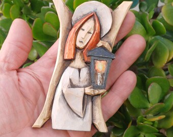 Hand Carved Linden Wood Angel Sculpture, Lantern Guardian Figure, Expressive Chisel Art