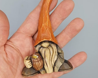 Hand Carved Wooden Gnome Magnet, Scandinavian Tomte, Beer Mug Figurine, Rustic Nordic Decor