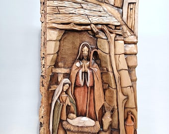 Hand Carved Nativity Scene Wood Relief, Rustic Christmas Decor, Handmade Art