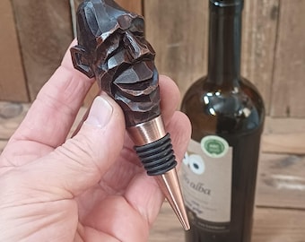 Hand Carved Linden Wood Wine Stopper – Tribal Mask Bar Decor, Beeswax Finish