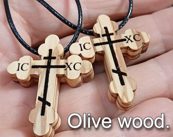 Orthodox Olive Wood Cross Necklace, IC XC Jesus Christ Pendant, Adjustable Cord