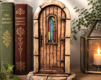 Hand Carved Linden Wood Fairy Door, Stained Glass Window, Rustic Miniature Portal