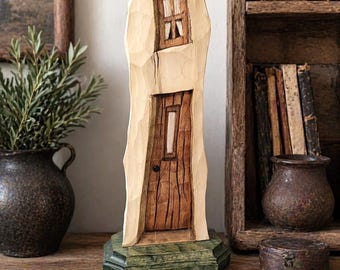 Hand Carved Wooden Door Sculpture, Surreal Mini House Art, Rustic Fantasy Decor