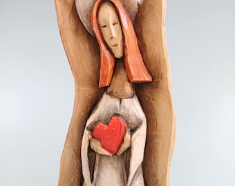 Hand Carved Wooden Angel Sculpture – Love, Protection Symbol, Wood Carving Art