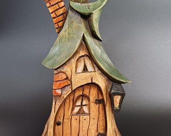 Fairy House Gnome Cottage Hand Carved Linden Wood , Whimsical , One of a Kind Decor