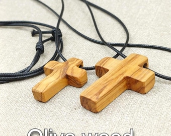 Cross Olive Wood Hand Carved  Necklace – Catholic Wooden Cross Pendant – Adjustable Cord