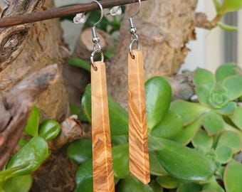 Olive Wood Long Minimalist Dangle Earrings | Natural Lightweight Eco Jewelry