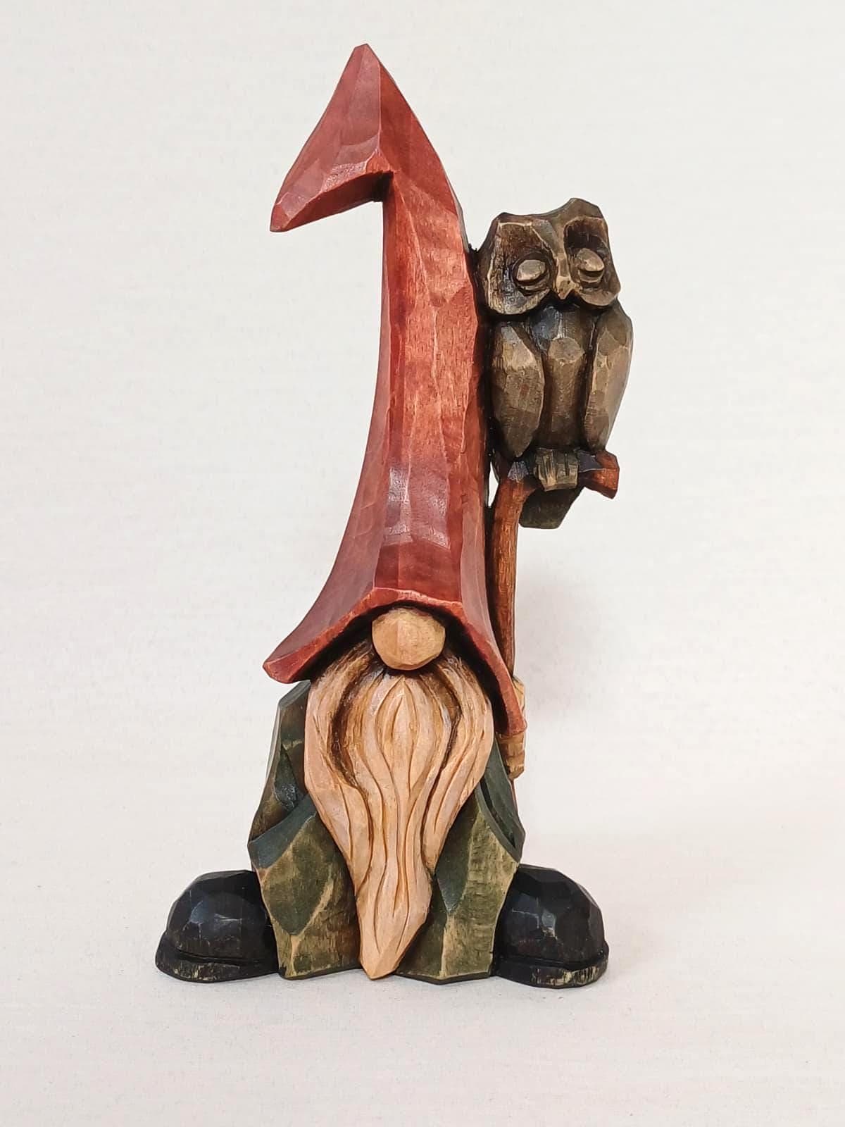 Hand Carved Wooden Gnome with Owl &ndash; Scandinavian Forest Spirit, Linden Wood, Rustic Handmade F