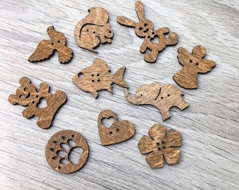 Laser Cut Birch Animal Buttons, Sewing Craft Accessories, Eco Friendly Decor (Set of 10)