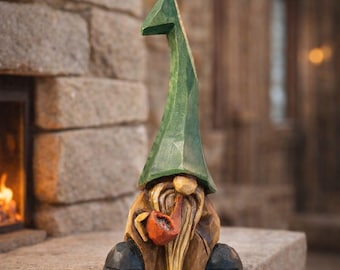 Gnome  Hand Carved Figurine Linden Wood  – Pipe Folk Art