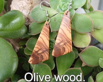 Olive Wood Geometric Dangle Earrings, Minimalist Natural Wood Jewelry