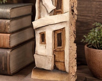 Hand Carved Wooden House Sculpture – Live Edge Rustic Wall Art, One of a Kind Decor