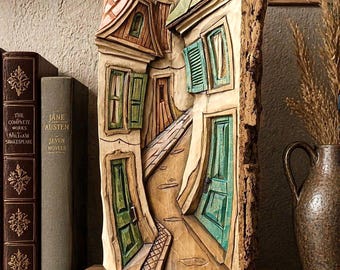 Wood Carving Art – Old Street Relief Sculpture, Rustic European,