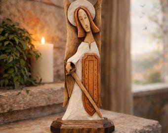 Angel Guardian Hand Carved Wooden Sculpture – Sword, Shield, Spiritual Home Decor