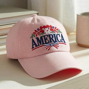 Embroidered Floral America Cap, USA Flag Bow Detail, Patriotic Cotton Hat