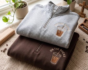 Embroidered Iced Coffee Quarter Zip Sweatshirt, Coffee Lover Gift