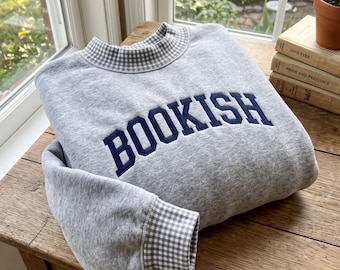 Embroidered Bookish Gingham Mock Neck Sweatshirt, Book Lover Gift