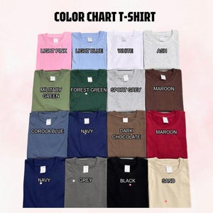 May include: A color chart t-shirt display featuring sixteen folded crew neck shirts in various solid colors including light pink, light blue, white, ash, military green, forest green, sport grey, maroon, corola blue, navy, dark chocolate, and sand.