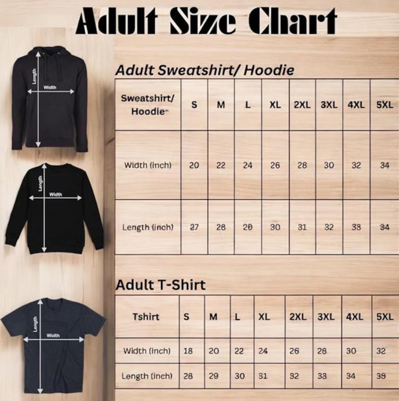 以下が含まれることがあります： スウェットシャツ、パーカー、Tシャツの大人用サイズチャート。 幅と長さの測定値がセンチメートルで表示され、サイズSから5XLまであります。 このチャートは、お客様が適切なサイズを見つけるのに役立つように設計されています。