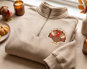 Embroidered Turkey Quarter Zip Sweatshirt, Thanksgiving Fall Shirt