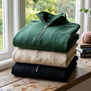 May include: A stack of three quarter-zip sweatshirts in dark green, beige, and black. Each sweatshirt features a matching embroidered brain design on the chest and a silver-toned metal zipper at the collar, folded neatly on a wooden surface.