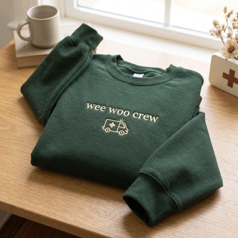 May include: A dark forest green crewneck sweatshirt featuring the embroidered text "wee woo crew" in a light cream color, positioned above a simple line-art graphic of an ambulance with a cross symbol and a small light on its roof.