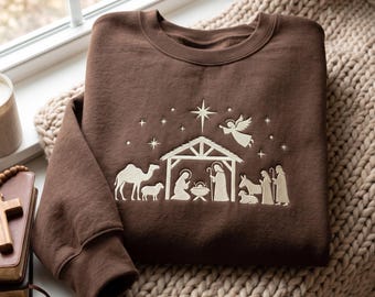 Embroidered Christmas Nativity Sweatshirt, Christian Holiday Crewneck