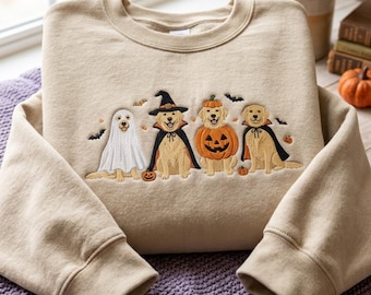Embroidered Halloween Golden Retriever Sweatshirt, Retro Spooky Dog Shirt