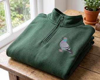 Embroidered Pigeon Quarter Zip Sweatshirt, Bird Lover Animal Apparel