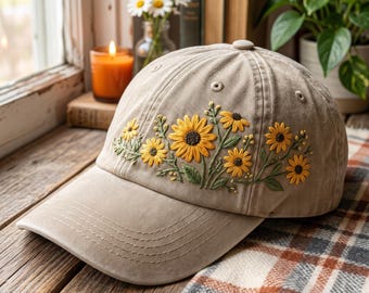 Hand Embroidered Sunflower Hat, Washed Cotton, Cottagecore Baseball Cap