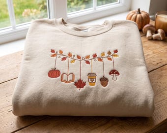 Embroidered Autumn Sweatshirt, Coffee Books Pumpkin Mushroom Crewneck