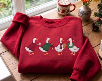 Embroidered Christmas Geese Sweatshirt, Cozy Holiday Crewneck, Winter Animal Lover Gift