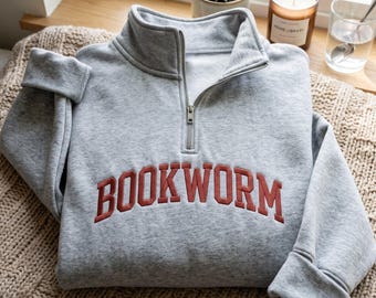 Embroidered Bookworm Quarterzip Sweatshirt, Bookish Gift