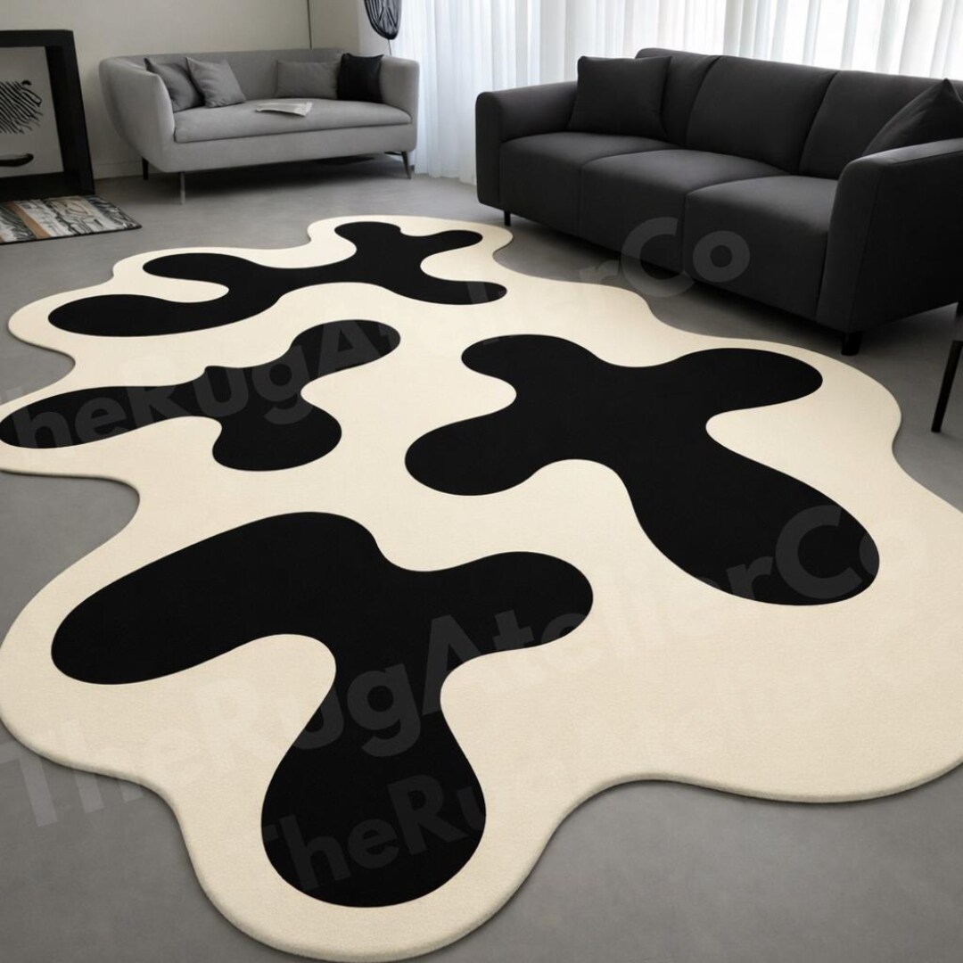 Modern Hand Tufted Wool Rug – Abstract Black White Irregular Area ...