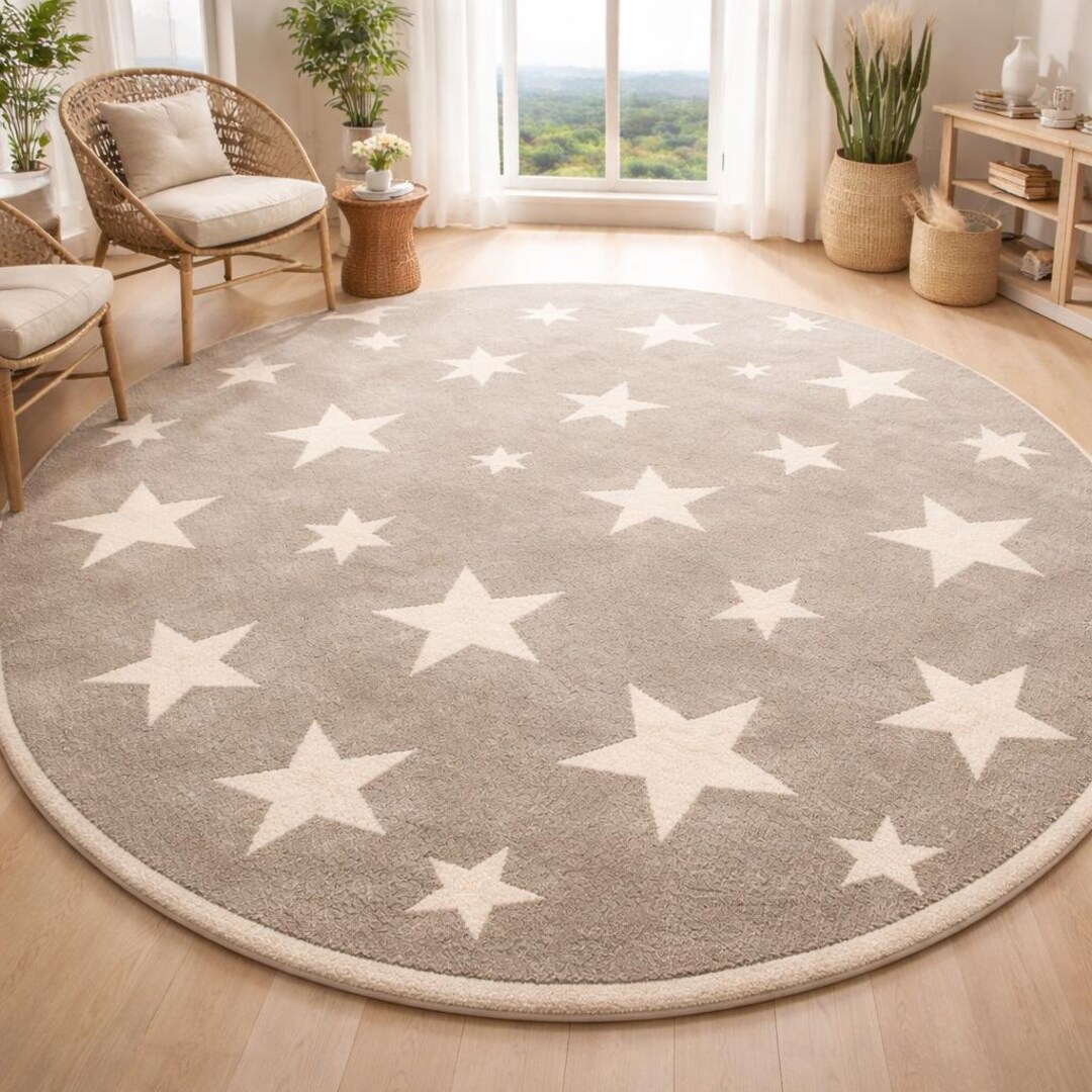 Handmade Round Star Rug, Neutral Beige Area Rug, Modern Living Room ...