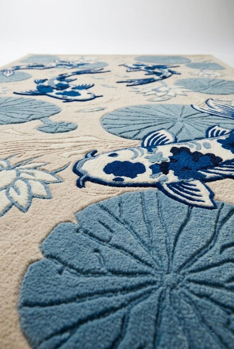 Fish Tuft Rug Hand Tufted Koi Fish Rug, Japanese Pond Area Rug, Blue Water Lily ...