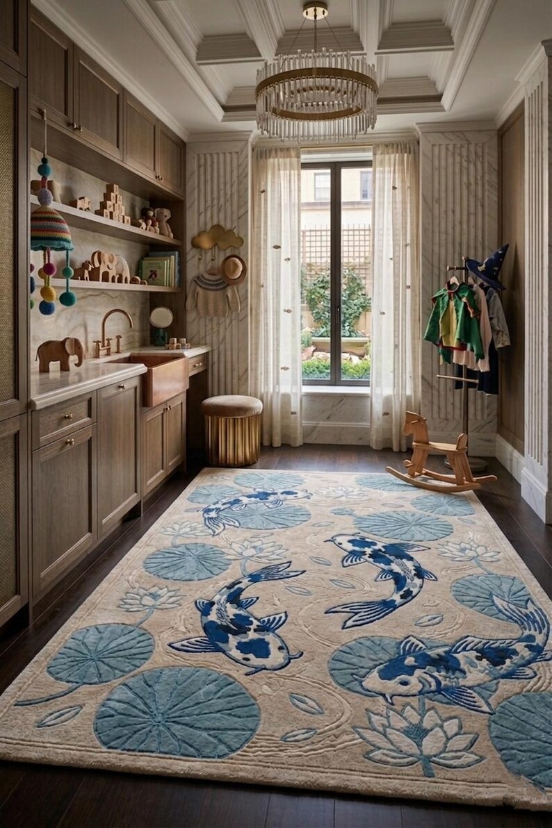Fish Rug Handade Hand Tufted Koi Fish Rug, Japanese Pond Area Rug, Blue Water Lily ...