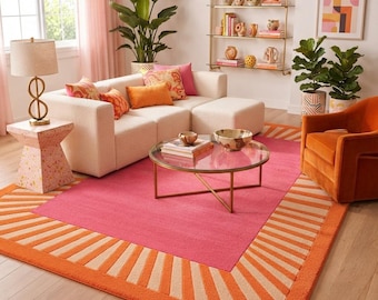 Hand Tufted Wool Rug, Pink Orange Geometric Sunburst Border, Luxury Area Rug