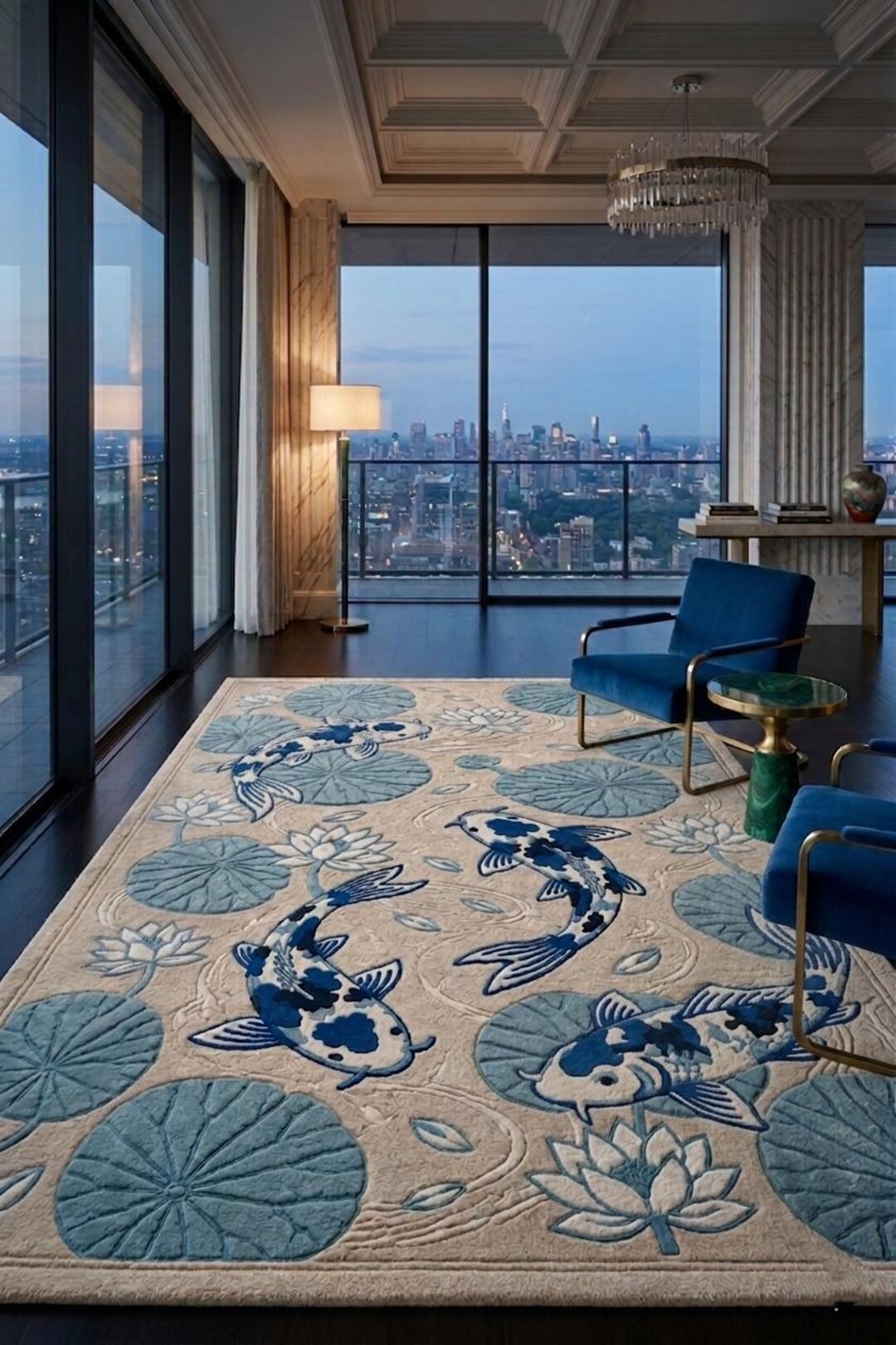 Fish Rug Handade Hand Tufted Koi Fish Rug, Japanese Pond Area Rug, Blue Water Lily ...