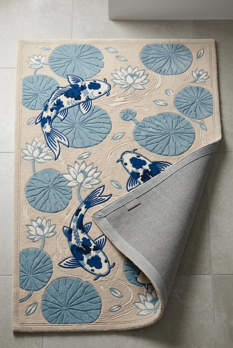 Fish Tuft Rug Hand Tufted Koi Fish Rug, Japanese Pond Area Rug, Blue Water Lily ...